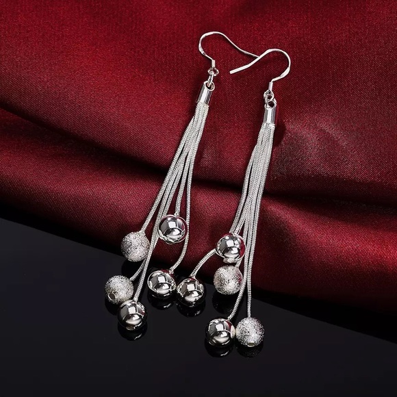 DANGLING BALL CHARM EARRINGS 925 STERLING SILVER - Picture 2 of 2